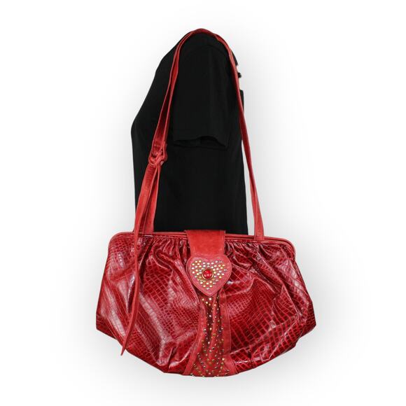 Vintage 80s Bags (3) Gold Quilted Sharif Red Patchwork Leather - Picture 4 of 16